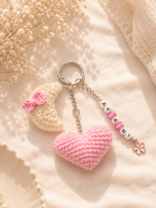 Moon and heart with customisable name keychain